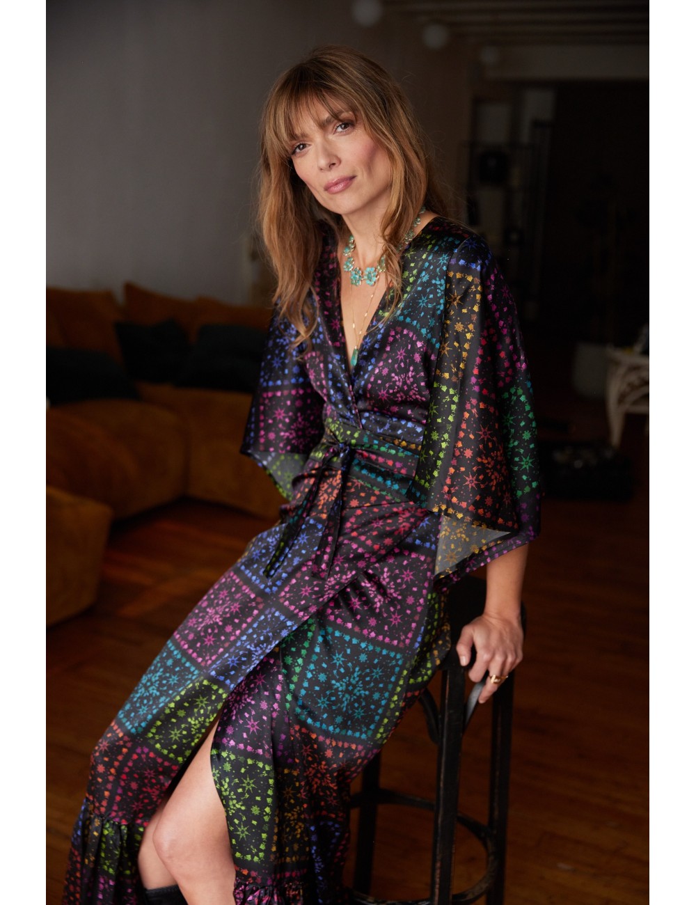 Butterfly Sleeve Maxi Wrap Dress Black Rainbow