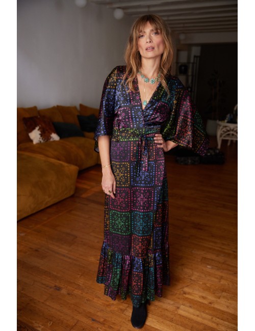 Butterfly Sleeve Maxi Wrap Dress Black Rainbow