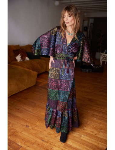 Butterfly Sleeve Maxi Wrap Dress Black Rainbow