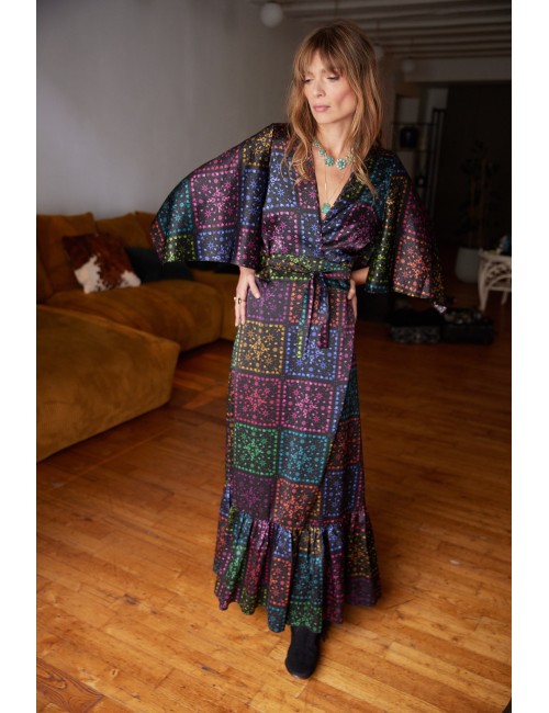 Butterfly Sleeve Maxi Wrap Dress Black Rainbow