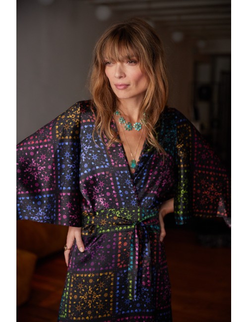 Butterfly Sleeve Maxi Wrap Dress Black Rainbow