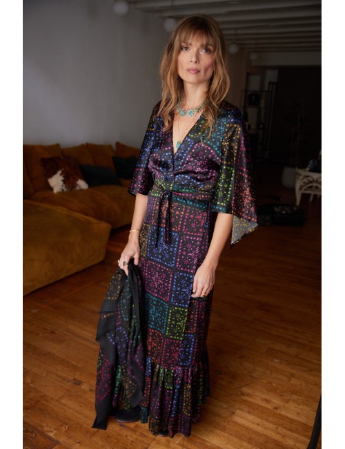 Butterfly Sleeve Maxi Wrap Dress Black Rainbow