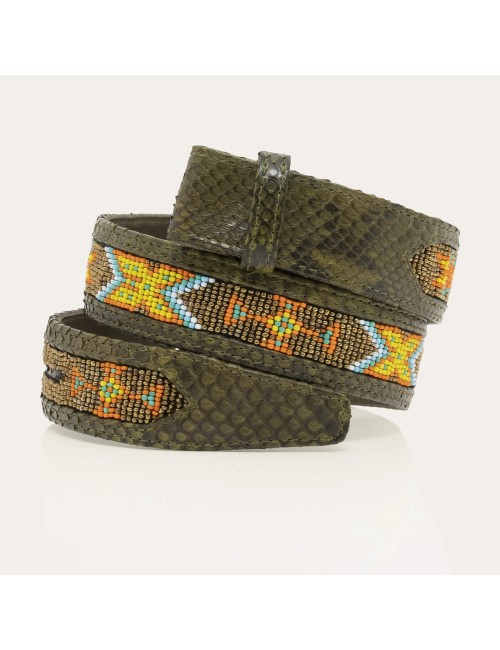 Ceinture Python Dark Kaki Perles Et Boucle Ex Voto