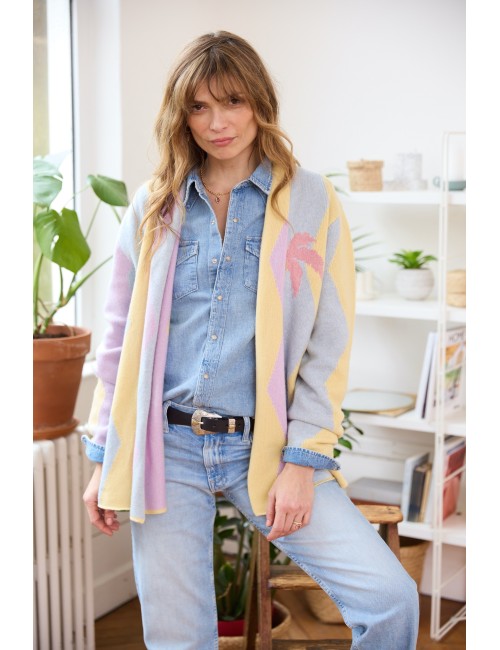 Wavy Palm Tree Cardigan Pink Blue Yellow