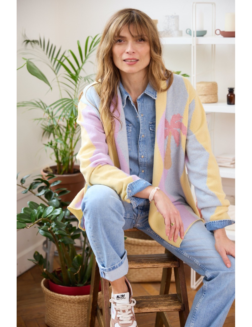Wavy Palm Tree Cardigan Pink Blue Yellow