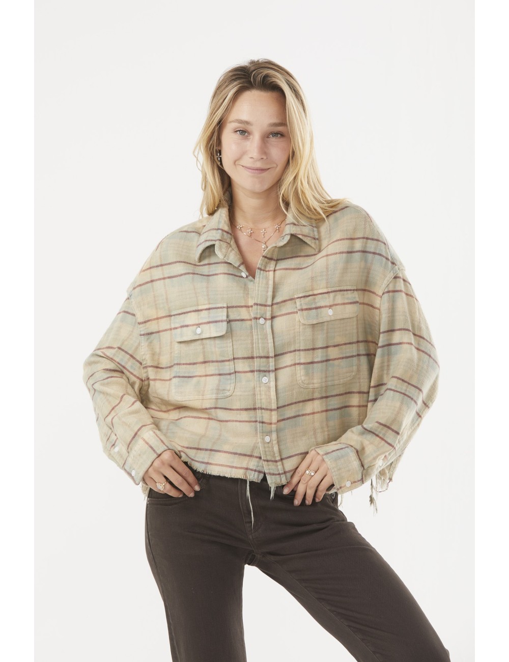 Cropped Workshirt - Bleached Light Blue Plaid
