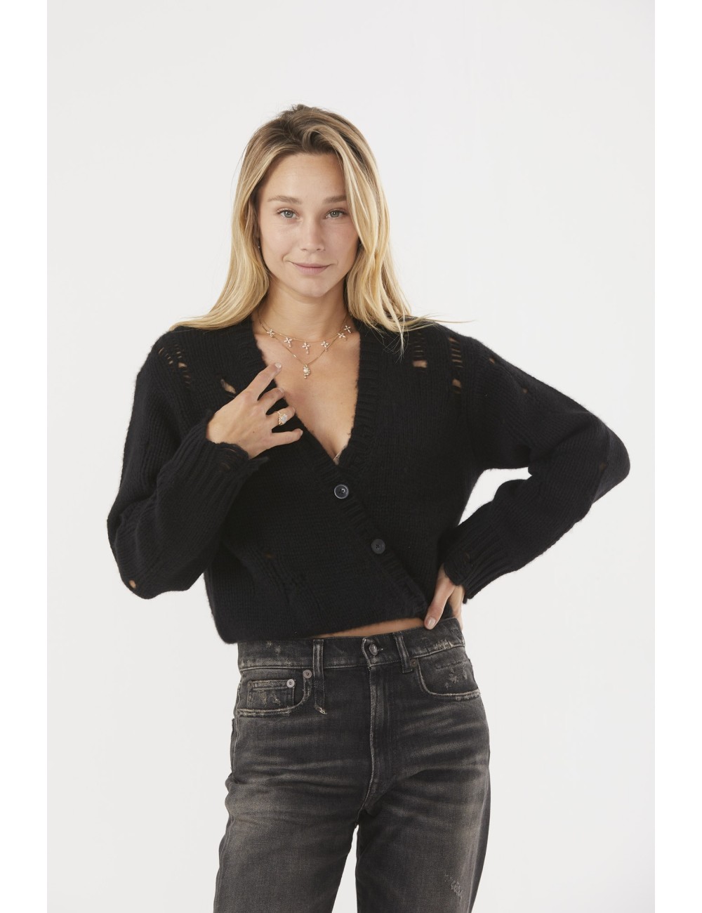 CROSSOVER Distressed Cardigan - Black
