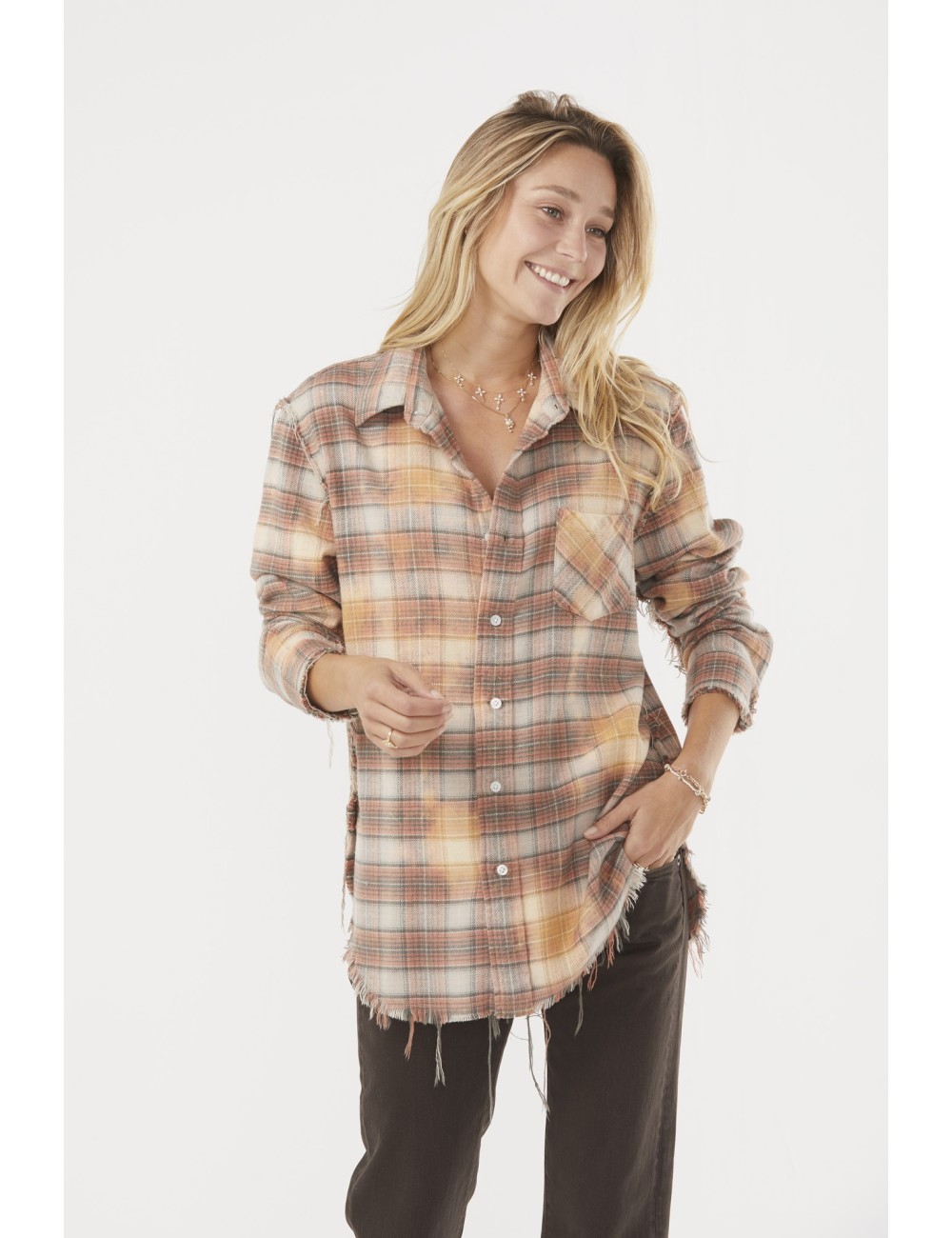 Shredded Seam Shirt - Bleached Orange Plaid