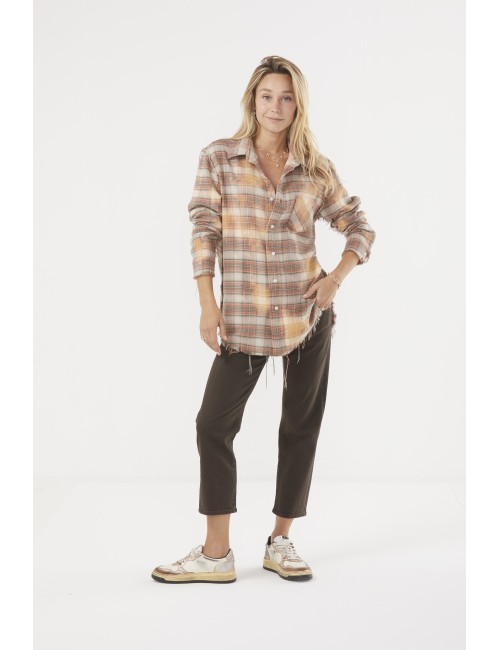Shredded Seam Shirt - Bleached Orange Plaid