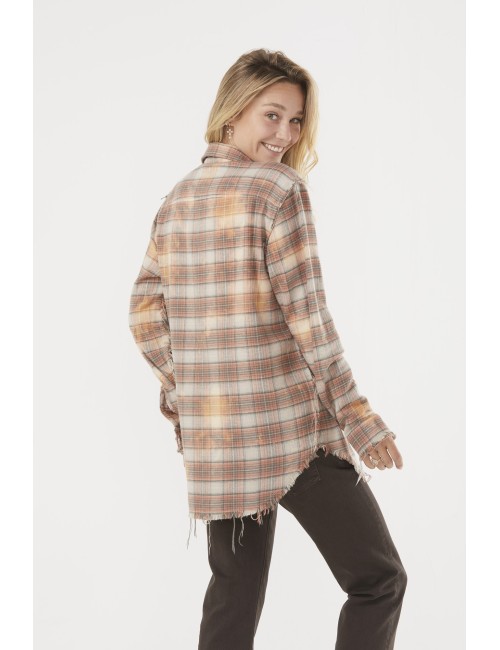 Shredded Seam Shirt - Bleached Orange Plaid