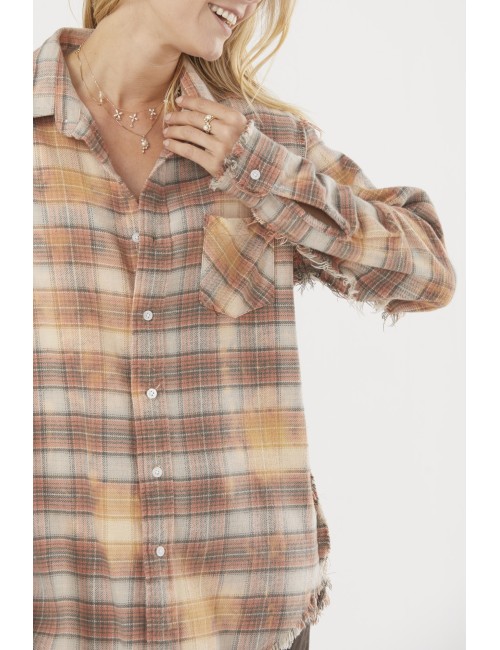 Shredded Seam Shirt - Bleached Orange Plaid