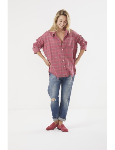 Shredded Seam Drop Neck Shirt - Raspberry Overdyed Plaid