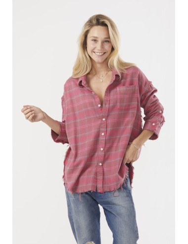 Shredded Seam Drop Neck Shirt - Raspberry Overdyed Plaid