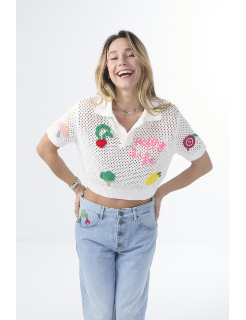 Knitted Polo Top With Crochet Patches