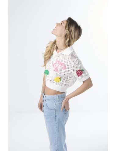 Knitted Polo Top With Crochet Patches