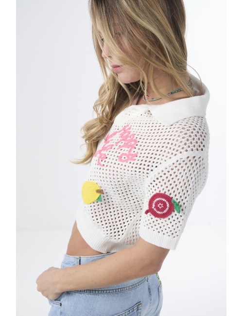 Knitted Polo Top With Crochet Patches