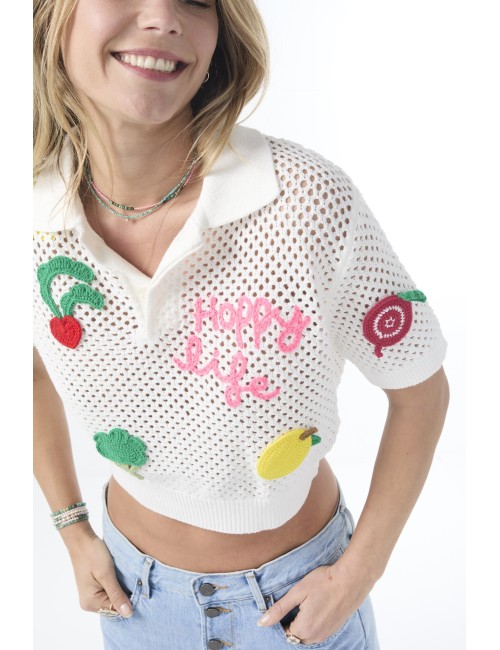 Knitted Polo Top With Crochet Patches