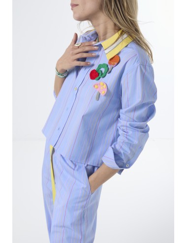 Cropped Shirt With Knitted Collar and Crochet Patches
