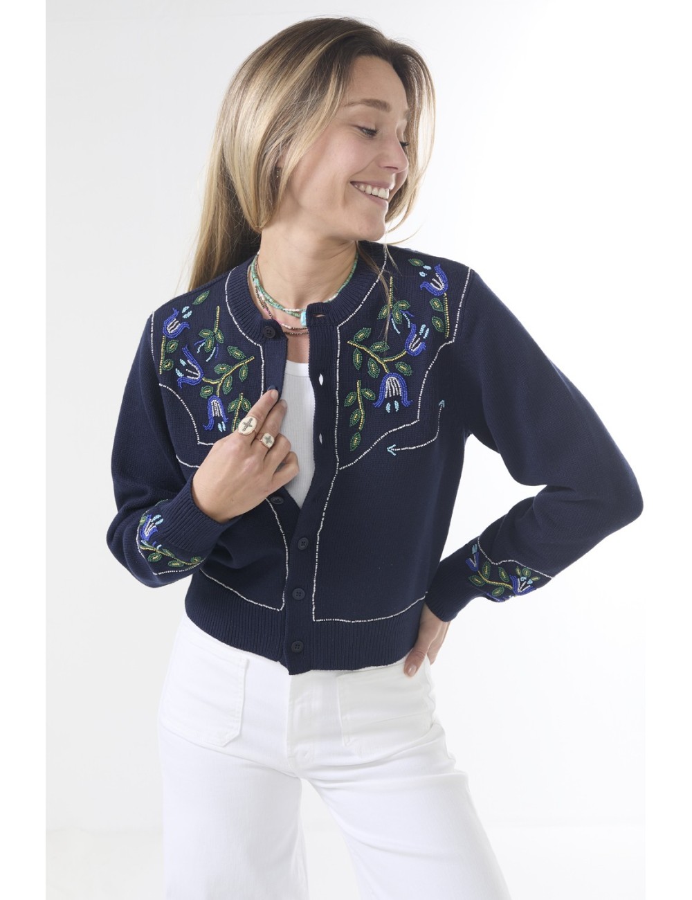 THE WESTERN BEADED Cardigan - Navy