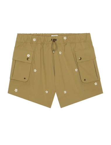 Short Embroidered CARGO - Khaki With Cream Daisies