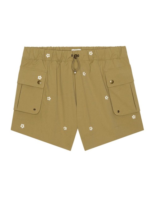 Short Embroidered CARGO - Khaki With Cream Daisies