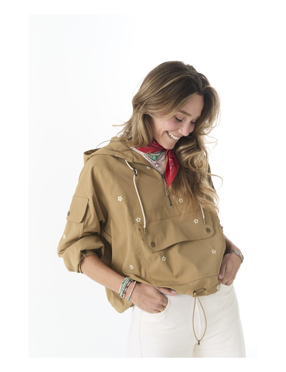 Veste Embroidered Cropped TRAILHEAD - Khaki With Cream Daisies