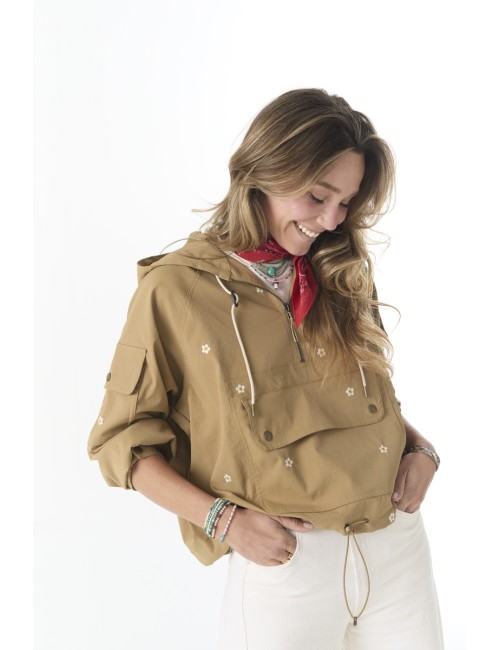 Veste Embroidered Cropped TRAILHEAD - Khaki With Cream Daisies