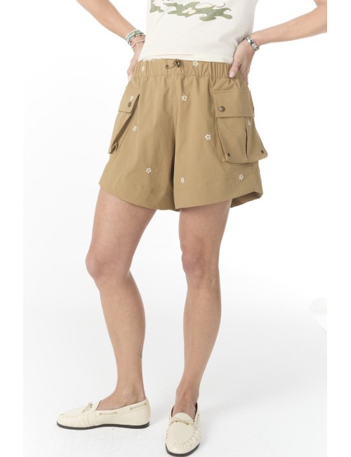 Short Embroidered CARGO - Khaki With Cream Daisies