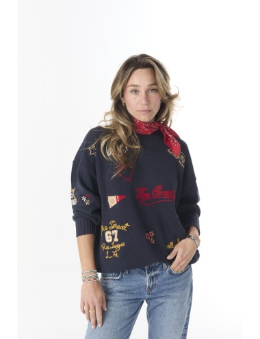 Pullover Embroidered Oversize Crew - True Navy