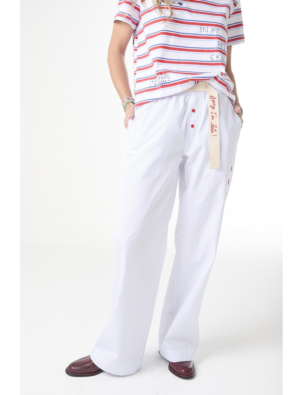 Pantalon Rayé Brodé