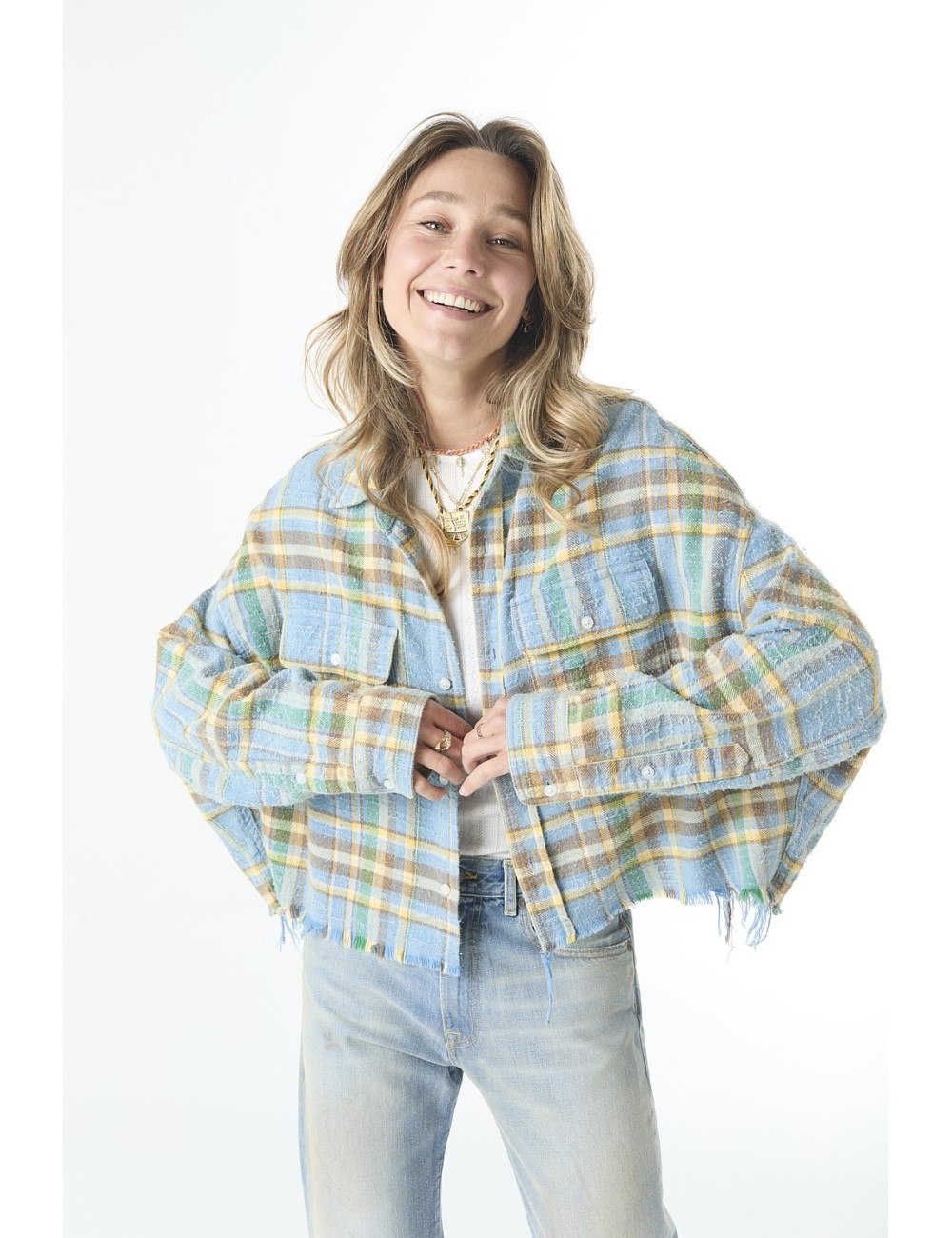 Cropped Workshirt - Light Blue Plaid